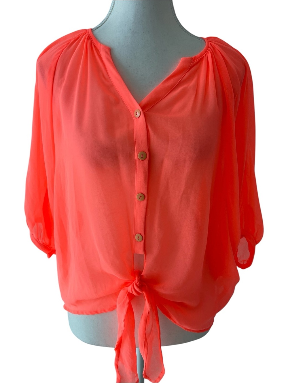 Fluo Orange Tie-Front Women’s Button-Up Blouse Size Small